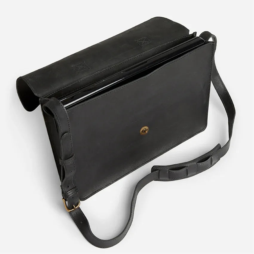 Austin Black Leather Messenger Bag with Compact Work Design - Fold Peaks