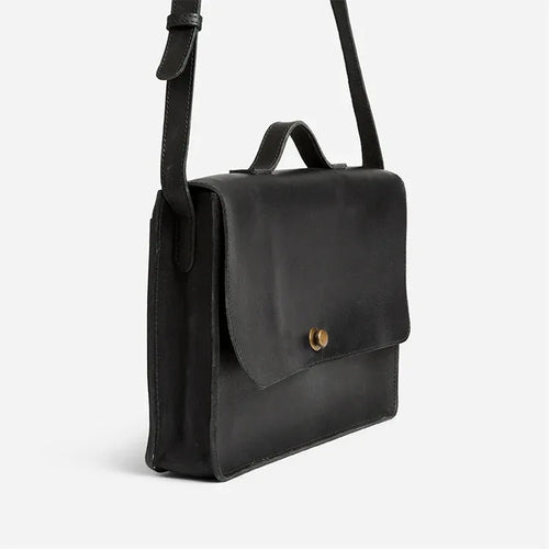 Austin Black Leather Messenger Bag with Compact Work Design - Fold Peaks