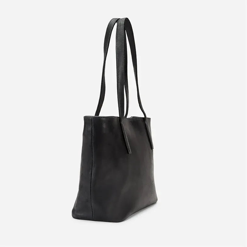 Black Leather Carryall Crossbody Tote with Laptop Compartment - Fold Peaks