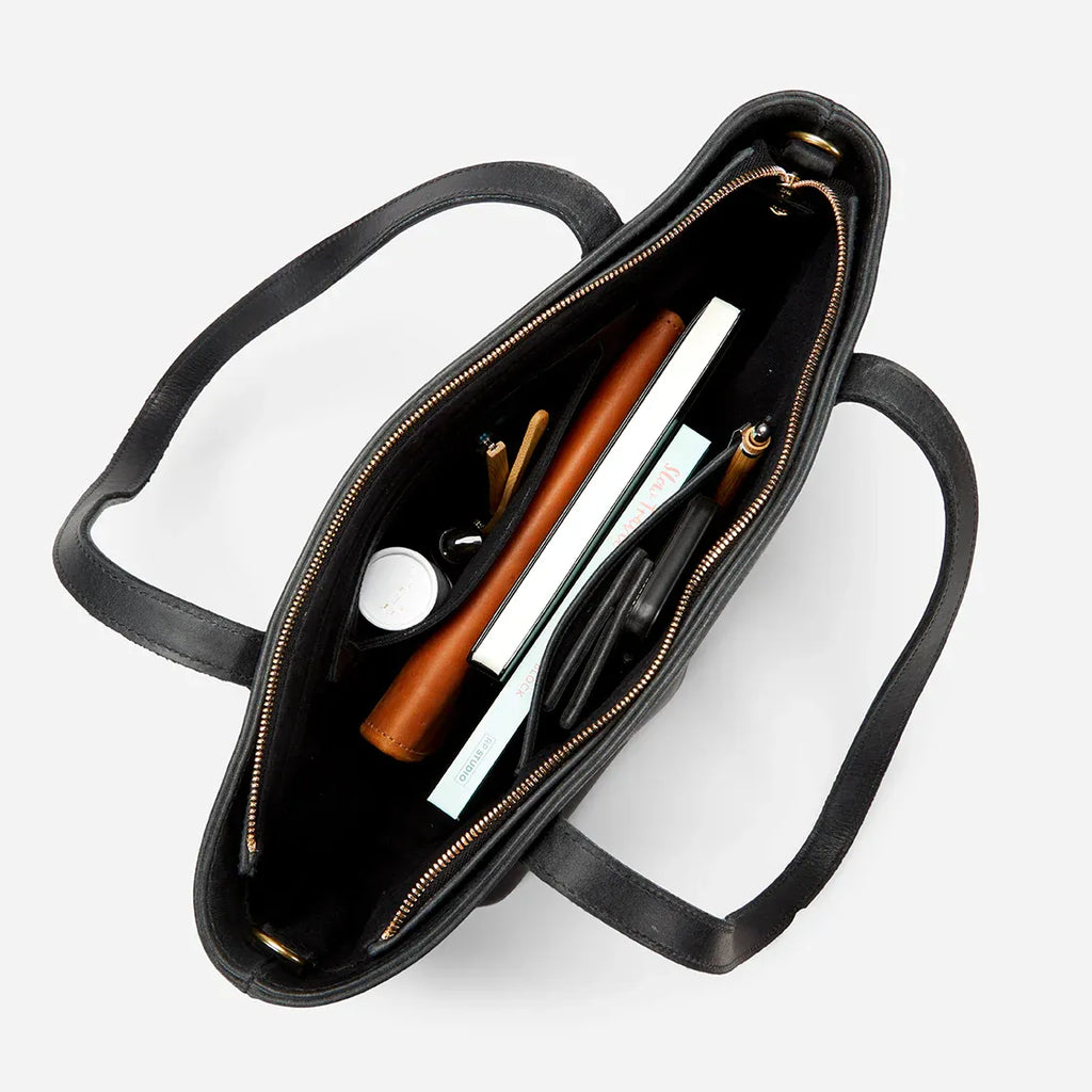 Black Leather Carryall Crossbody Tote with Laptop Compartment - Fold Peaks
