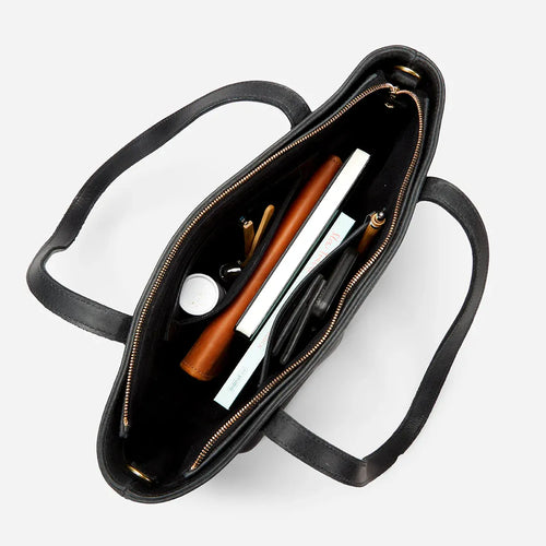 Black Leather Carryall Crossbody Tote with Laptop Compartment - Fold Peaks