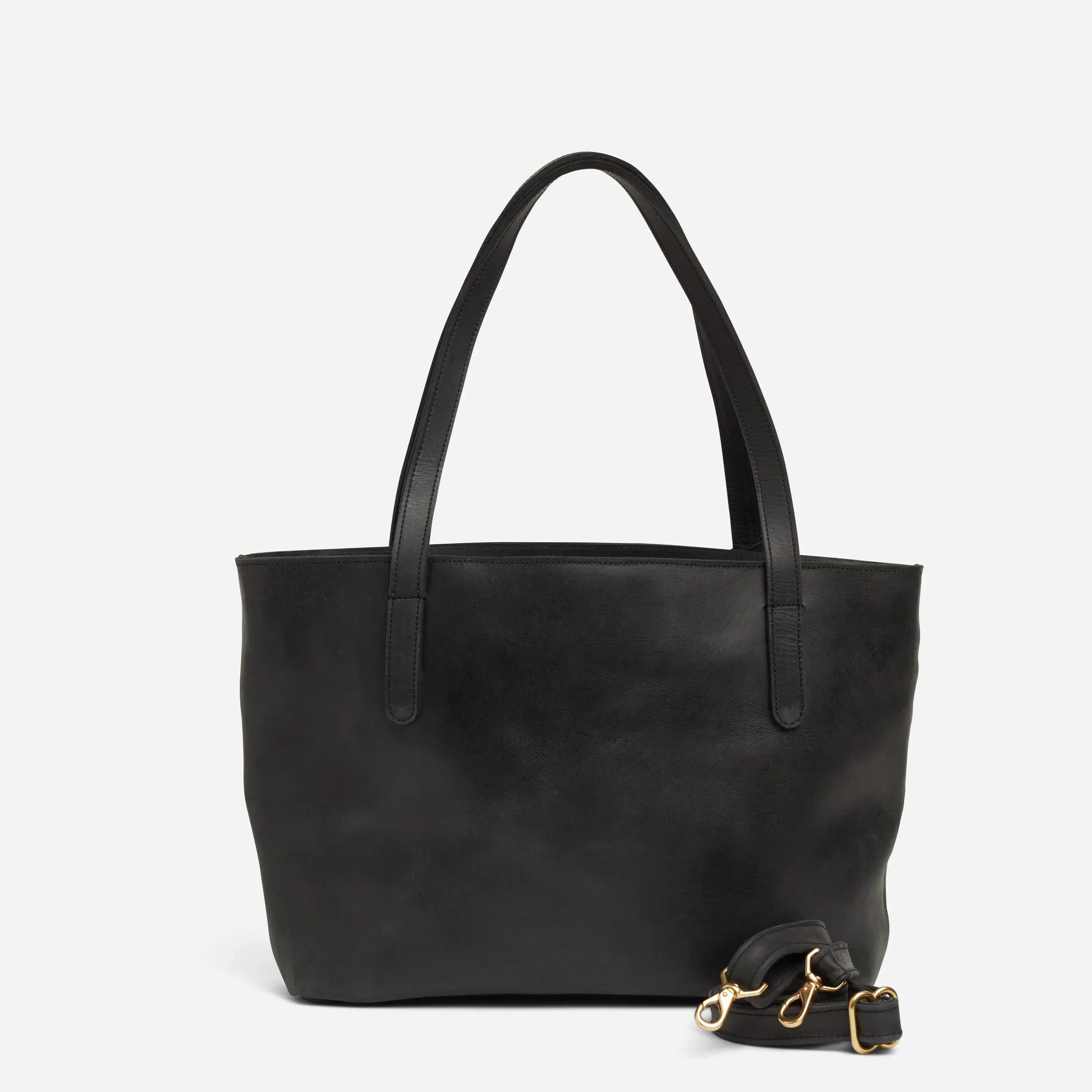 Black Leather Carryall Crossbody Tote with Laptop Compartment - Fold Peaks