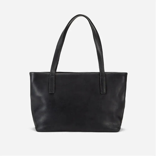 Black Leather Carryall Crossbody Tote with Laptop Compartment - Fold Peaks