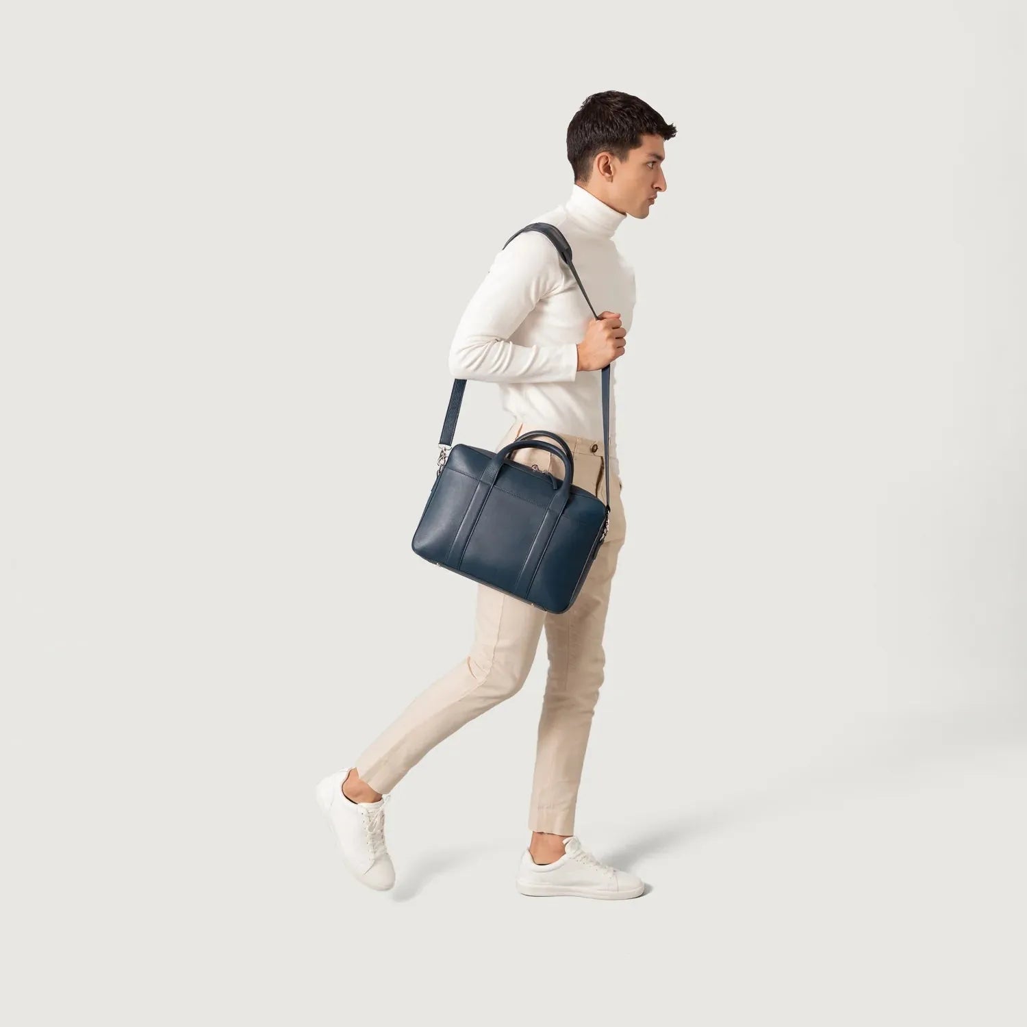 Captain Midnight Blue Leather Briefcase with Structured Carry Design - Fold Peaks