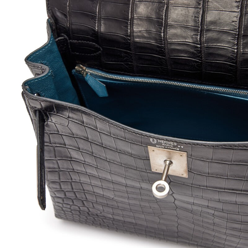 Black Matte Niloticus Crocodile and Bleu Colvert Verso HSS Retourne Kelly 28 Brushed Palladium Hardware, 2016