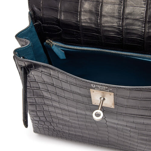 Black Matte Niloticus Crocodile and Bleu Colvert Verso HSS Retourne Kelly 28 Brushed Palladium Hardware, 2016