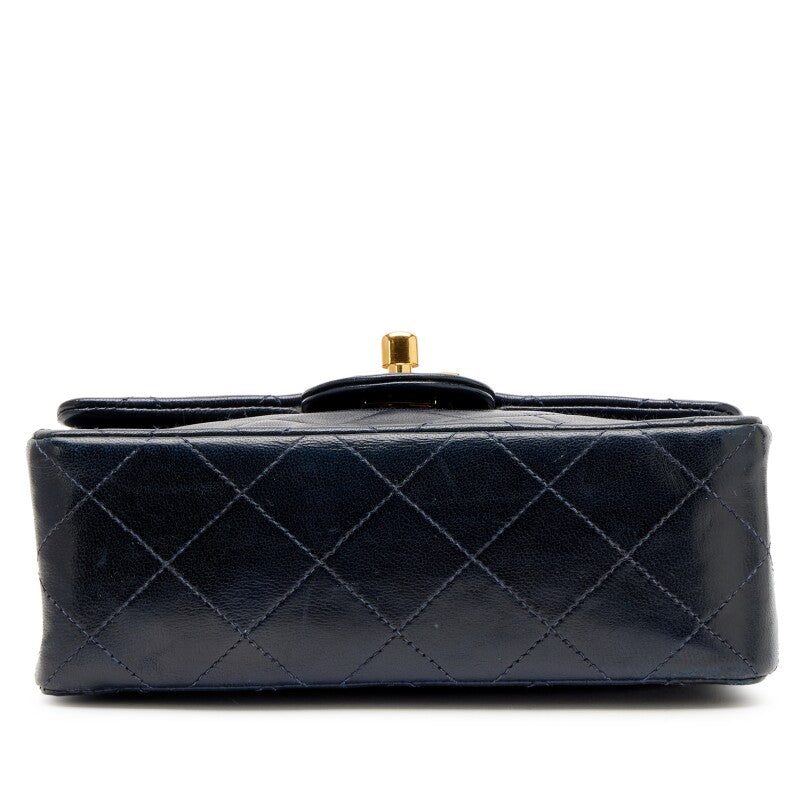 Vintage Navy Blue Quilted Lambskin Mini Square Flap Bag Gold Hardware, 1991-1994