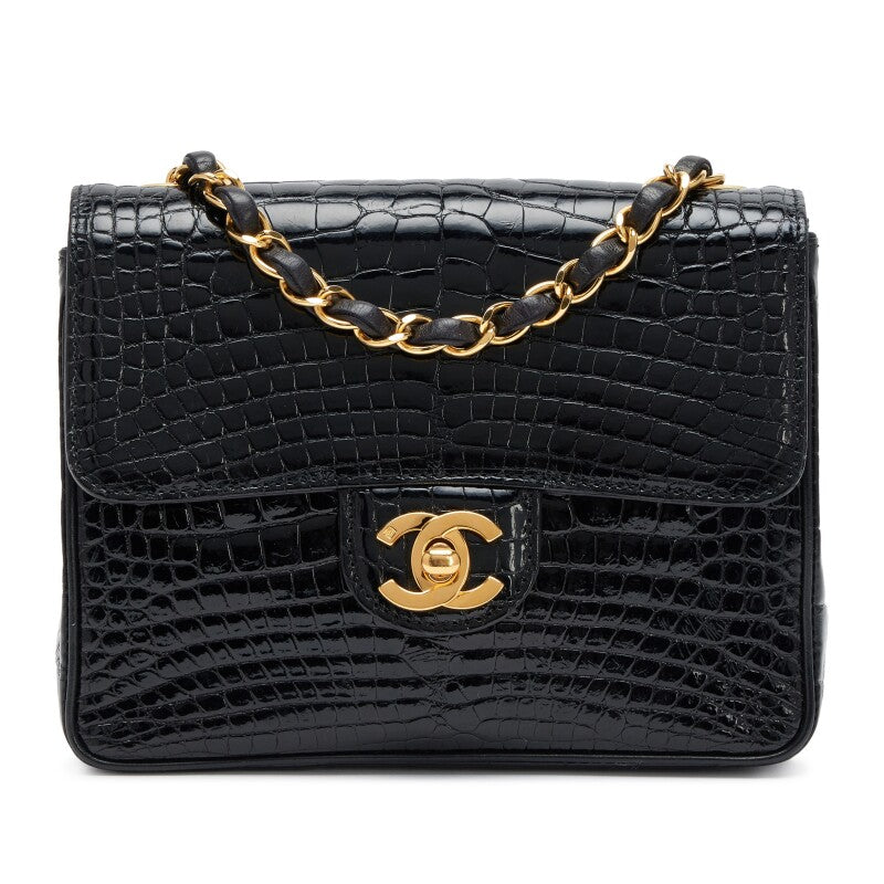 Vintage Black Alligator Mini Square Classic Flap Bag Gold Hardware, 1994-1996