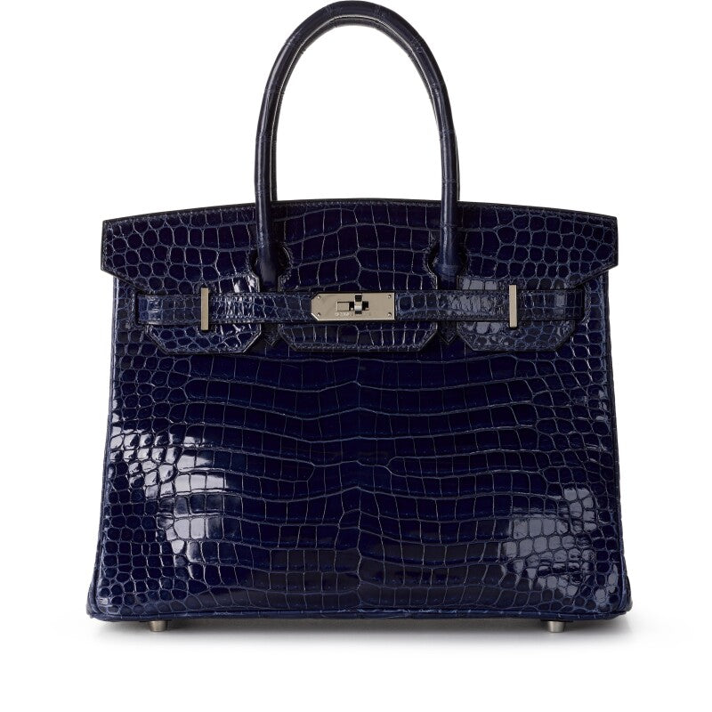 Bleu Marine Shiny Crocodile Porosus Birkin 30 Palladium Hardware, 2002