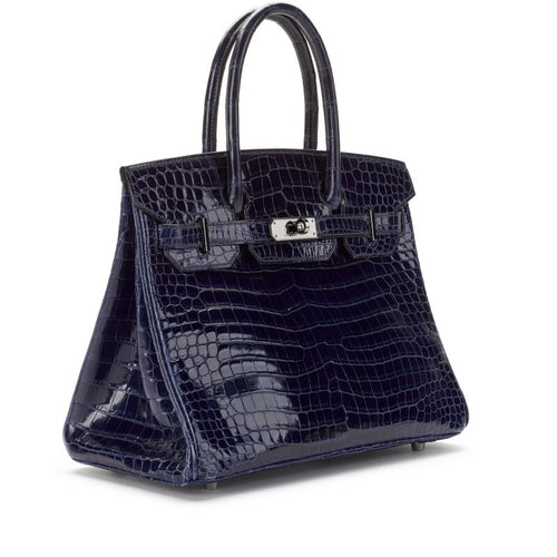 Bleu Marine Shiny Crocodile Porosus Birkin 30 Palladium Hardware, 2002