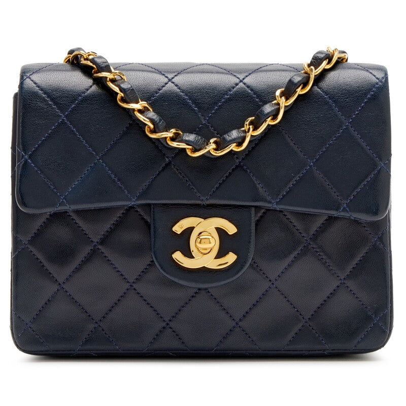 Vintage Navy Blue Quilted Lambskin Mini Square Flap Bag Gold Hardware, 1991-1994