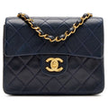 Vintage Navy Blue Quilted Lambskin Mini Square Flap Bag Gold Hardware, 1991-1994