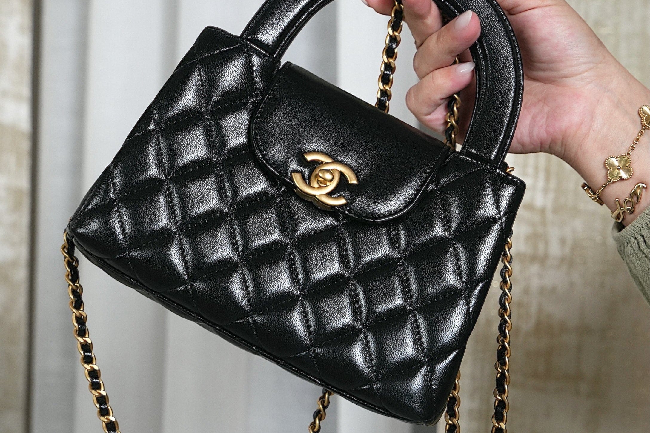 25A Black Lambskin Quilted Mini Kelly Shopper Aged Gold Hardware
