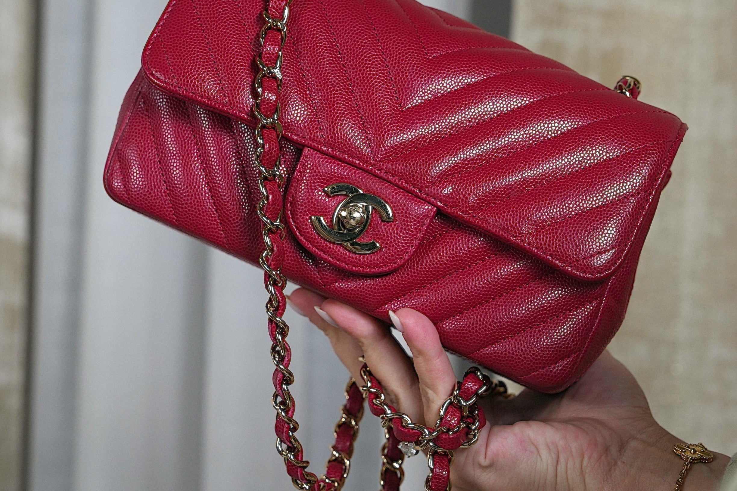 Raspberry Chevron Caviar Quilted Mini Rectangular Flap