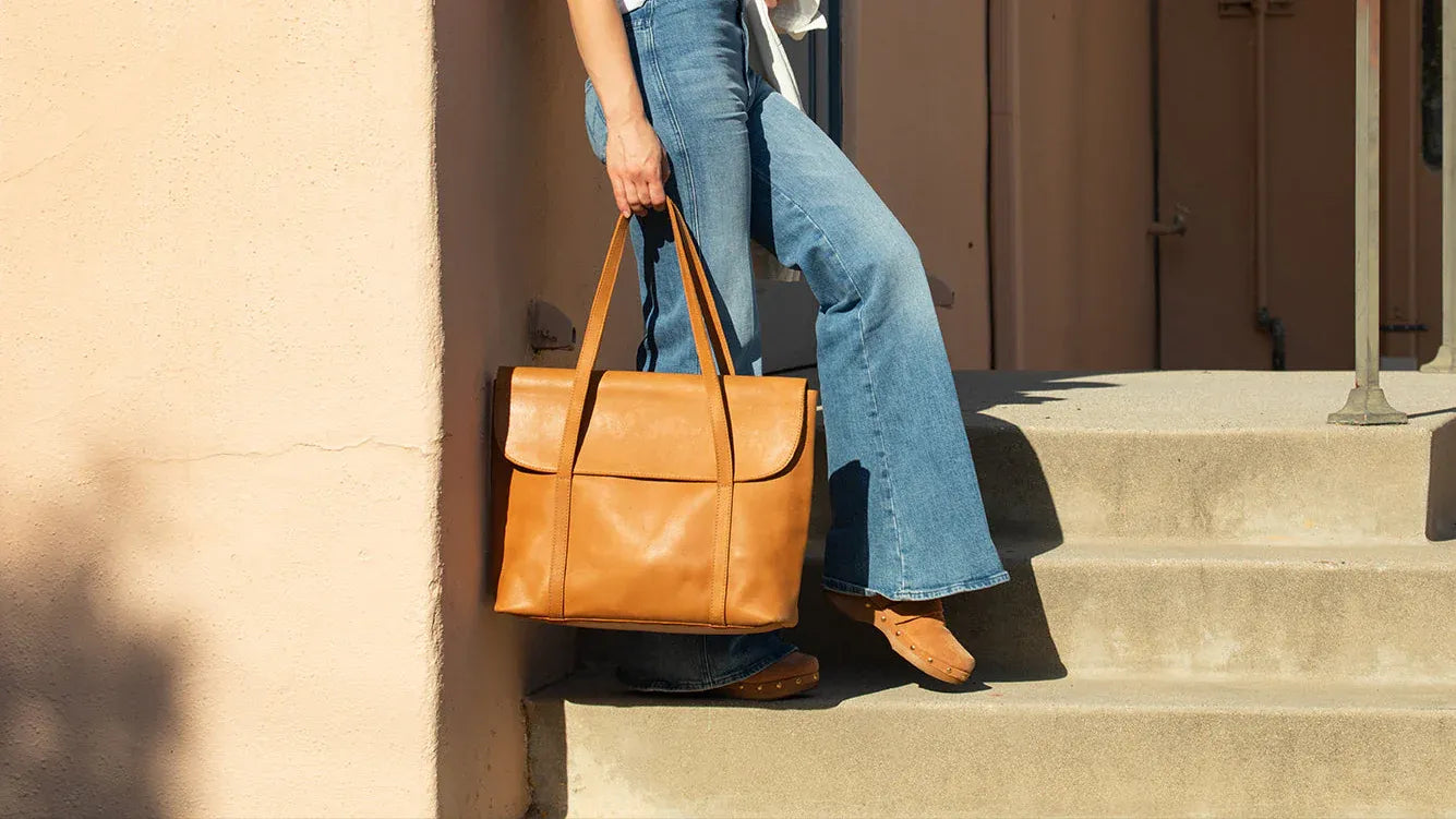 Rust Brown Leather Tote Bag with Laptop & Travel Features - Fold Peaks