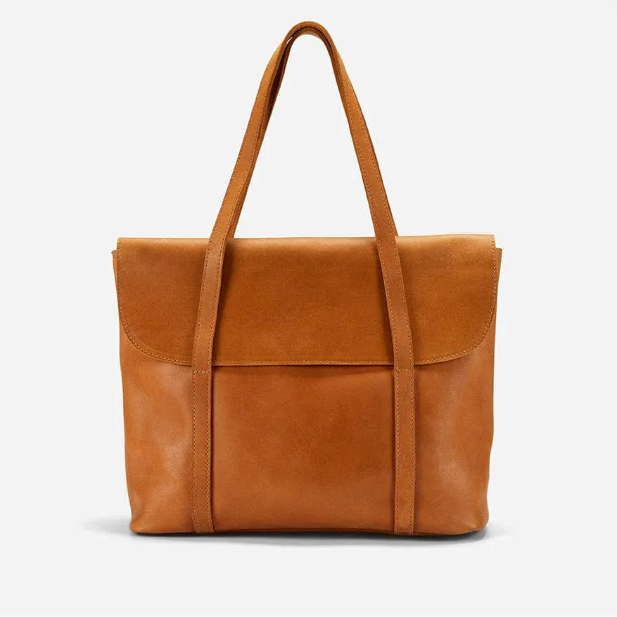 Rust Brown Leather Tote Bag with Laptop & Travel Features - Fold Peaks