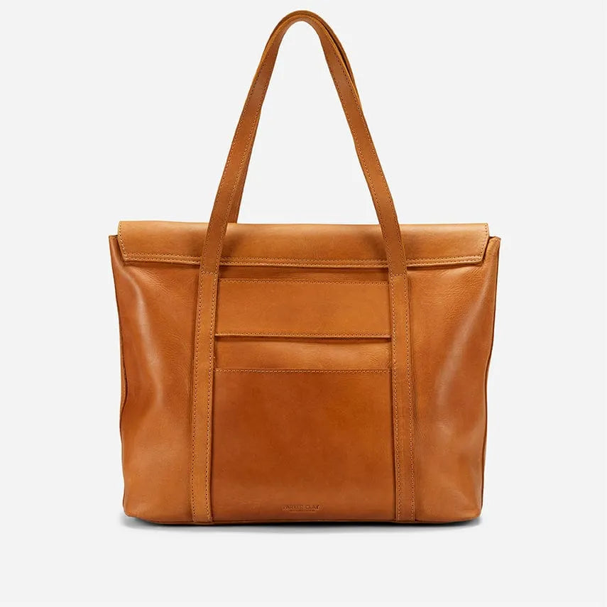 Rust Brown Leather Tote Bag with Laptop & Travel Features - Fold Peaks